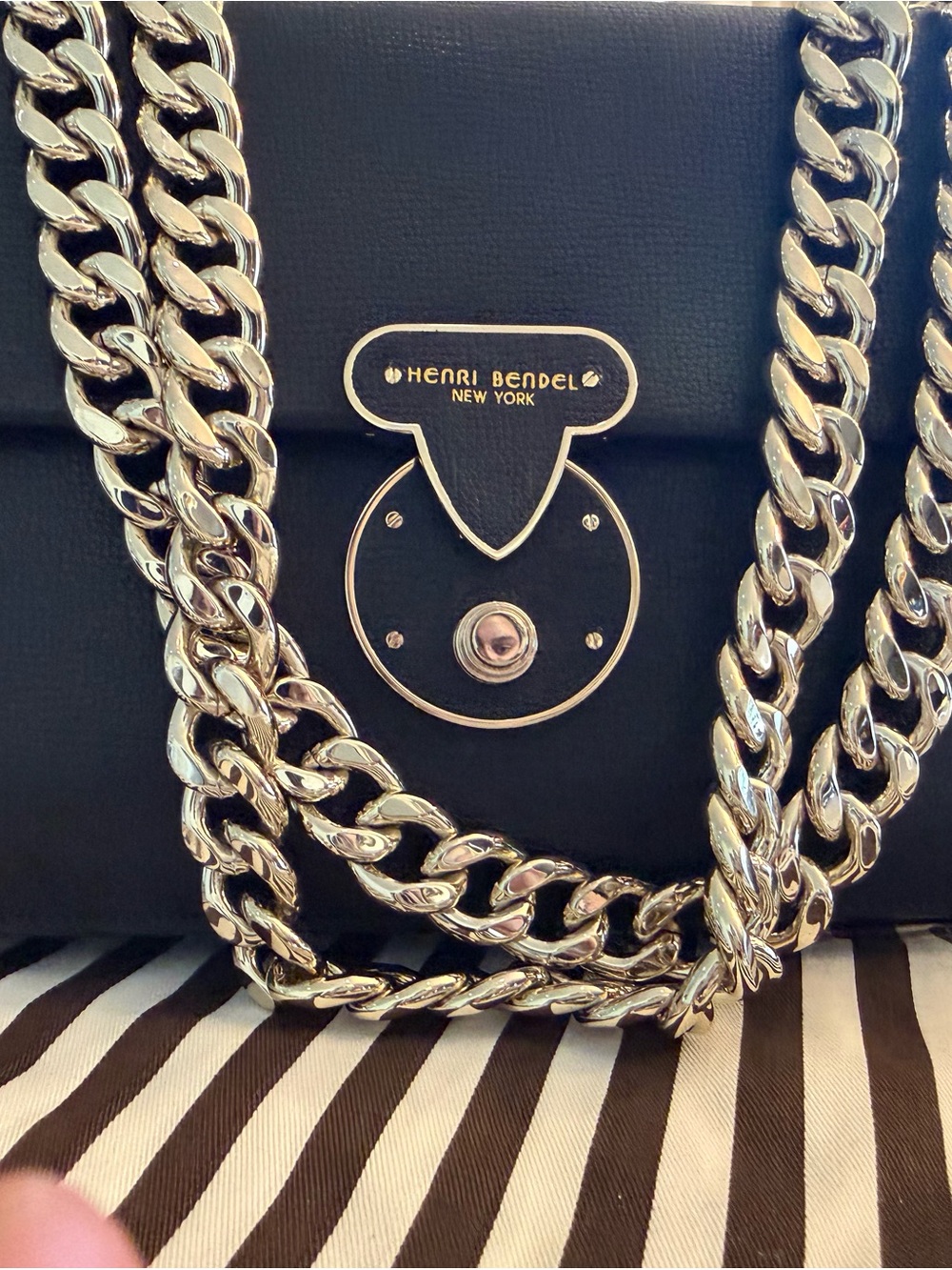 Henri Bendel Black Handbag with Gold Chain Detail